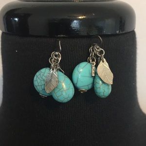 Boho Faux Turquoise and Feather Dangle Earrings